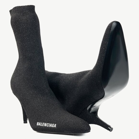 Balenciaga Knife 80 Black Glittered Stretch-Knit Ankle Boots - Picture 4 of 9
